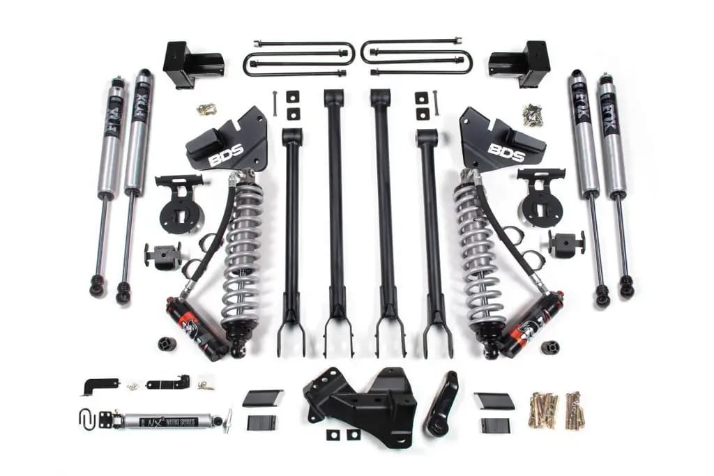 4 Inch Lift Kit w/ 4-Link | FOX 2.5 Coil-Over Conversion | Ford F250/F350 Super Duty (2017-2019) 4WD Diesel | 5" Block 2 & 3 Leaf Main | FOX 2.0 Performance Series | BDS Suspension