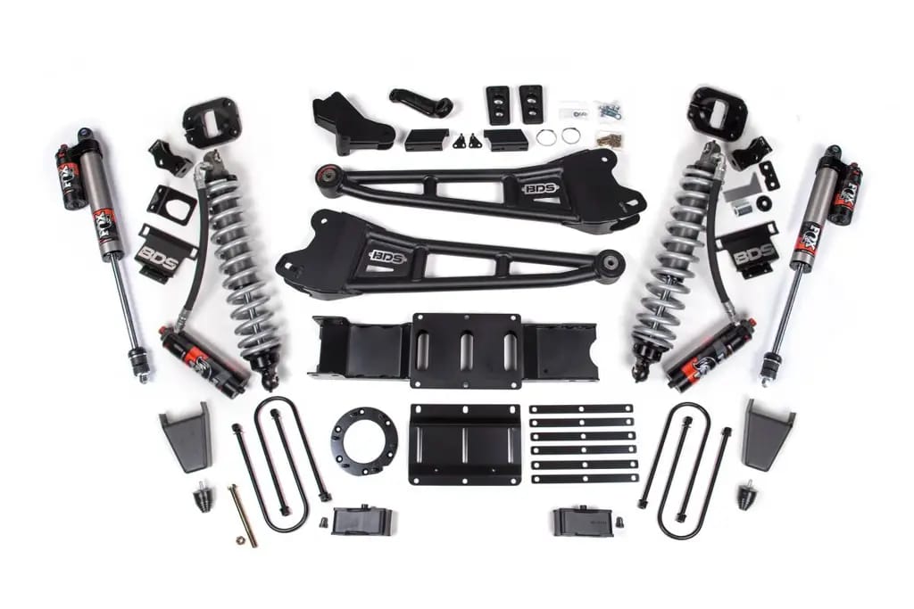 4 Inch Lift Kit w/ Radius Arm | FOX 2.5 Coil-Over Conversion Performance Elite | Ram 3500 (2019-2024) 4WD Diesel | 2" Block w/o Overload | Rubber Bump Stop | 8-Bolt | BDS Suspension
